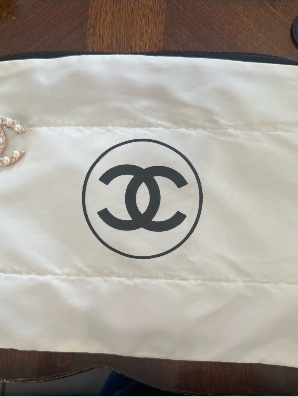 CHANEL Cream Quilted Logo Cosmetic Pouch with Pearl CC Pin